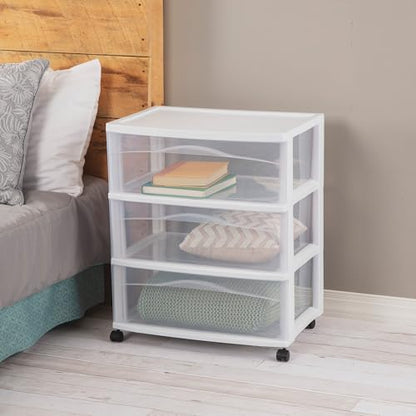 Sterilite Wide 3-Drawer Cart Storage with Wheels for Bedroom and Dresser | Organizing Plastic Drawers and Containers for Home, Office, Desk, Clothes, Dresser, Kitchen, and Pantry
