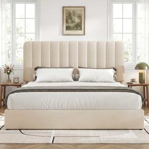 VECELO Queen Size Upholstered Bed Frame with 4 Drawers and Headboard, Velvet Platform Storage Bedframe, Wooden Slats Support, No Box Spring Needed, Beige