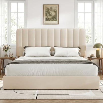 VECELO Queen Size Upholstered Bed Frame with 4 Drawers and Headboard, Velvet Platform Storage Bedframe, Wooden Slats Support, No Box Spring Needed, Beige