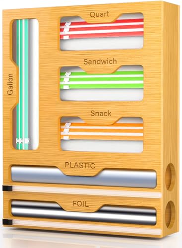 Bag Organizer and Plastic Wrap Dispenser with Cutt... (6 Count | Yellow | Bamboo)