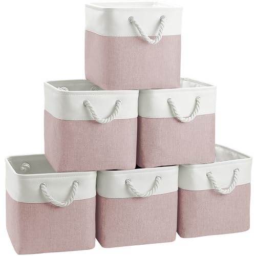 FinishingBo 11 inch Cube Storage Bin with Handles 6 Pack | Foldable Basket, Fabric Storage Bins, Closet Storage, Home Organizer (White/Pink)