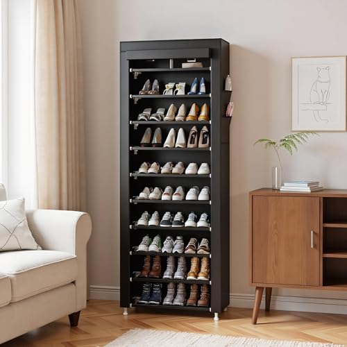 UDEAR 10-Tier Shoe Rack Organizer for Entryway with Dustproof Cover,Black | Free Standing,Shoe Shelf for Closet,Garage,Dorm,Large Capacity,Front Door Entrance, Vertical Tall Narrow Shoe Rack