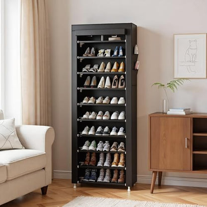 UDEAR 10-Tier Shoe Rack Organizer for Entryway with Dustproof Cover,Black | Free Standing,Shoe Shelf for Closet,Garage,Dorm,Large Capacity,Front Door Entrance, Vertical Tall Narrow Shoe Rack
