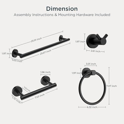 FORIOUS Bathroom Accessories, 4-Piece Bathroom Hardware Set - 24" Towel Bar | Matte Black | Towel Hooks, Towel Racks for Bathroom, Toilet Paper Holder Wall Mounted & Towel Ring | SUS304 Stainless Steel