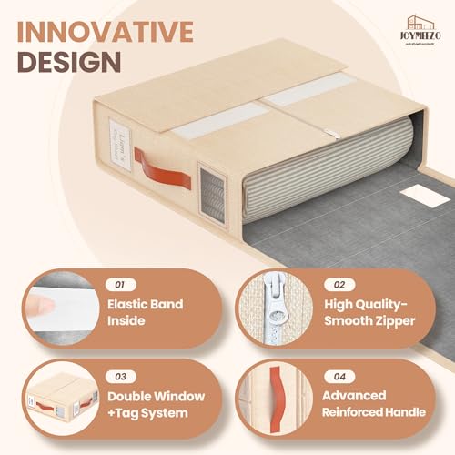 Bed Sheet Organizers, Foldable Linen Closet Storage, 6 Pack, Beige | Fits King/Queen sets, Durable linen boxes with inner elastic straps & dual-sided clear windows/labels for blankets & duvets