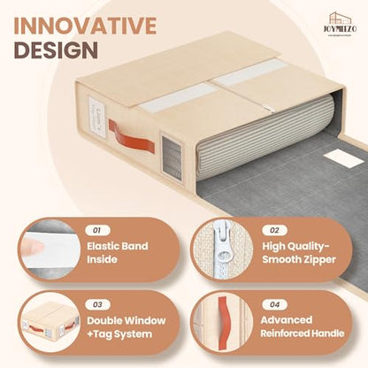 Bed Sheet Organizers, Foldable Linen Closet Storage, 6 Pack, Beige | Fits King/Queen sets, Durable linen boxes with inner elastic straps & dual-sided clear windows/labels for blankets & duvets