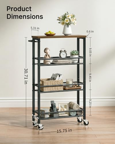 Pipishell Slim Storage Cart with Wheels - 4 Tier Rolling Kitchen Storage Cart with Handle and Wood Top, Metal Slim Bathroom Cart for Laundry Room, Bathroom, Kitchen, Narrow Space, Black & Rustic Brown
