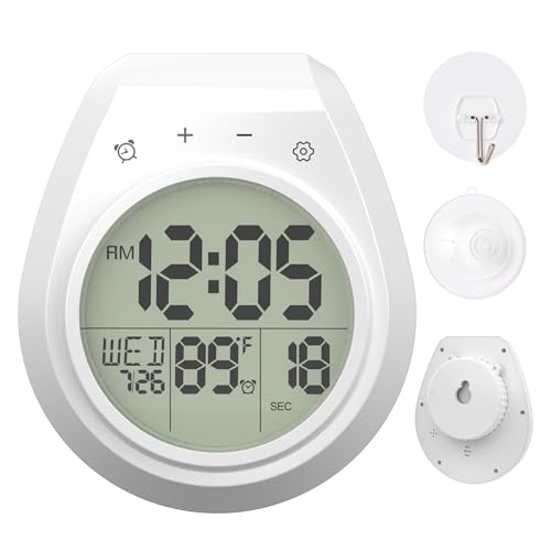 Shower Clock Timer Waterproof, Digital Bathroom Wall Clock with Temperature | w/Date, Suction Cup, for Mirror, Bath, Kitchen, Battery Operated, White