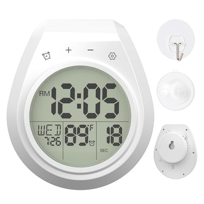 Shower Clock Timer Waterproof, Digital Bathroom Wall Clock with Temperature | w/Date, Suction Cup, for Mirror, Bath, Kitchen, Battery Operated, White