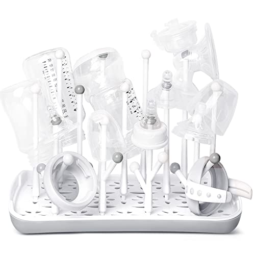 Termichy Baby Bottle Drying Rack: Space-Saving with 13 Hooks & Drain Tray | Compact Drying Stand for Bottles, Pacifiers & Pump Parts - Kitchen Counter Organizer for Nursing Moms Grey