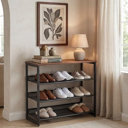 Shoe Rack for Entryway 4 Tiers 11.8" D x 25" W x 28" H, Metal Shoe Rocks with Brown Wooden Tabletop, Angled Shoes Rack with Adjustable Mesh Shelves for Entryway Hallway Closet