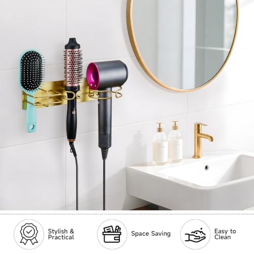 Blow Dryer Holder Wall Mounted Curling Iron Holder, 3 in 1 Hair Tool Organizer for Straightener, Curling Iron, Hair Dryer Holder Adhesive Flat Irons Storage for Bathroom Barber Shop (Gold)