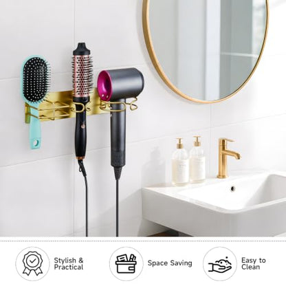 Blow Dryer Holder Wall Mounted Curling Iron Holder, 3 in 1 Hair Tool Organizer for Straightener, Curling Iron, Hair Dryer Holder Adhesive Flat Irons Storage for Bathroom Barber Shop (Gold)