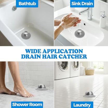 Drain Hair Catcher - Bathtub Drain Cover, Hair Stopper for Bathtub Drain, 304 Stainless Steel Drain Protector and Hair Trap for Flat & Pop-up Drains, Silver Gray