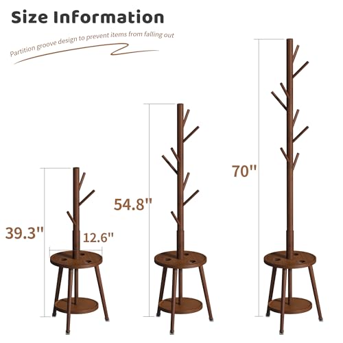 Freestanding Coat Rack with Umbrella Organizer Tray Bamboo Coat Tree Rack with 8 Hook Stand for Clothes Bag Hats Entryway Hanger Stand(Brown)