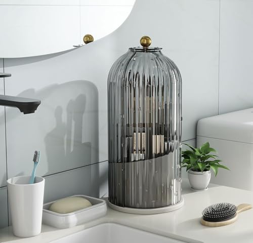 Toothbrush and Toothpaste Holders with Cover, Grey White | Waterproof and Dustproof, 360° Rotating Base, Smooth Sliding Door, 3 Slots, for Bathroom Countertop