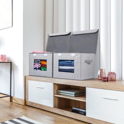 Univivi Fabric Closet Storage Bins with Lids for Shelves 4 Pack, Gray | 17 x 12 x 12 In Clothes Storage Bins with Handles & Window, Foldable Closet Organizers and Storage for Home, Office, Bedroom