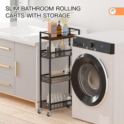 DGSNADGO Slim Rolling Storage Cart, 4-Tier Kitchen... (Metal, Wood)