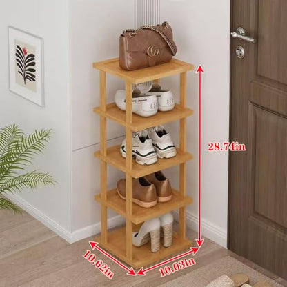 SAN HE Bamboo Shoe Rack 5Tier- Vertical Shoe Rack for Small Spaces, Tall Narrow Shoe Rack Organizer for Closet Entryway Corner Garage and Bedroom,Skinny Shoe Shelf with Free Stackable DIY