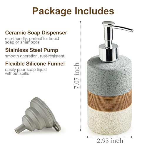 Ceramic Soap Dispenser Set for Hand Soap, Shampoo, Dish Soap, Conditioner, Bathroom & Kitchen, Stainless Steel Pump, Includes Silicone Funnel, 12 Oz, Non-Slip, Elegant Kitchen Decor, Gray