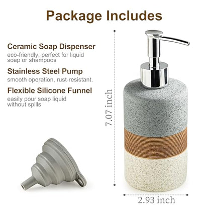 Ceramic Soap Dispenser Set for Hand Soap, Shampoo, Dish Soap, Conditioner, Bathroom & Kitchen, Stainless Steel Pump, Includes Silicone Funnel, 12 Oz, Non-Slip, Elegant Kitchen Decor, Gray