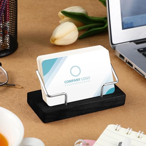 2 Pieces Wood Business Card Holder for Desk Wooden Business Card Display Stand Postcard Holder for Office Home Desktop (Black, Silver)