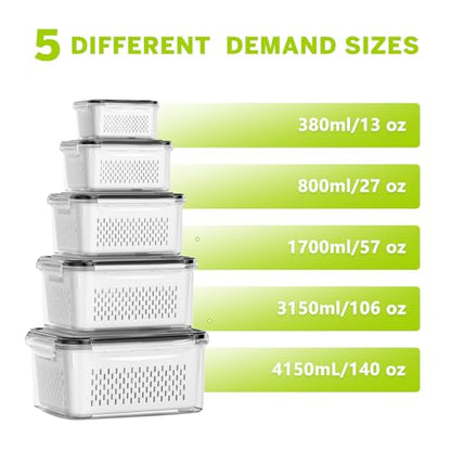 5 Pack Fruit Storage Containers for Fridge, Plastic Fruit Containers Set