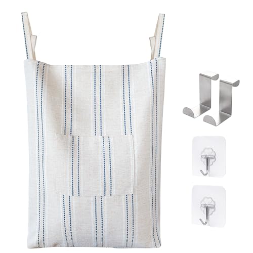 Farmhouse Hanging Laundry Hamper with 2 Hooks, Boho Beige & Blue Stripes Laundry Bag with Zipper & Wide Open Top, Over the Door Organizer for Dirty Clothes, Washable Space Saving Storage