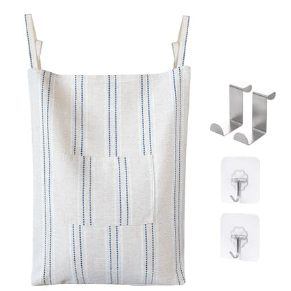 Farmhouse Hanging Laundry Hamper with 2 Hooks, Boho Beige & Blue Stripes Laundry Bag with Zipper & Wide Open Top, Over the Door Organizer for Dirty Clothes, Washable Space Saving Storage