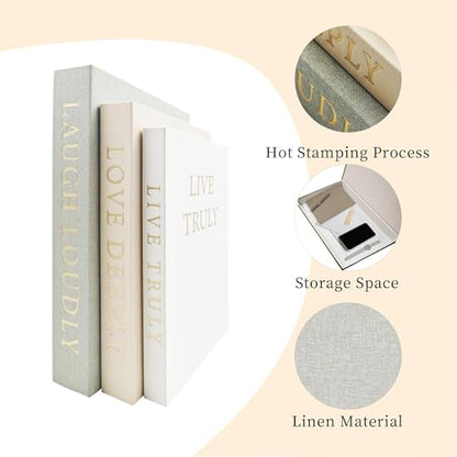 Aesthetic Decorative Books, Set of 3 Linen Faux Books for Decoration | Fake Book Boxes with Storage Space, No Assembly Required, Modern Decor for Shelves Coffee Table Living Room