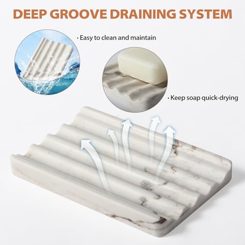 Natural Marble Soap Dish for Shower, Stone Soap Tray for Bathroom, Bar Soap Holder for Sink, Stripe Grooves Saver Stone Dish Tray Keep Bars Dry Easy Clean(Palissandro Classico)