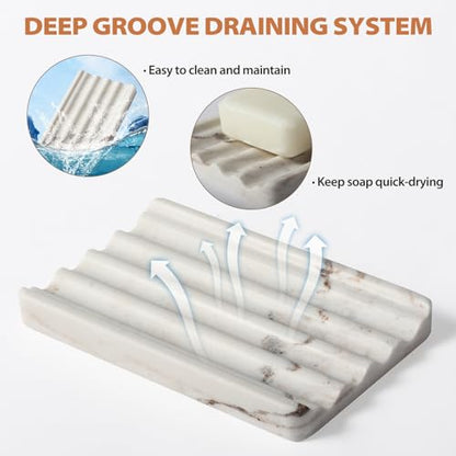 Natural Marble Soap Dish for Shower, Stone Soap Tray for Bathroom, Bar Soap Holder for Sink, Stripe Grooves Saver Stone Dish Tray Keep Bars Dry Easy Clean(Palissandro Classico)