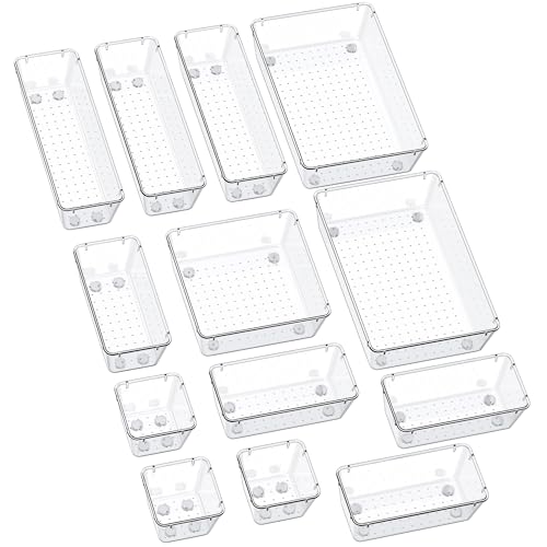 SMARTAKE 13-Piece Drawer Organizers with Non-Slip Silicone Pads, 5-Size | Clear Desk Bathroom Drawer Organizer Trays Storage Tray for Makeup, Jewelry, Utensils in Bedroom Dresser, Office and Kitchen