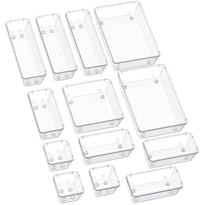 SMARTAKE 13-Piece Drawer Organizers with Non-Slip Silicone Pads, 5-Size | Clear Desk Bathroom Drawer Organizer Trays Storage Tray for Makeup, Jewelry, Utensils in Bedroom Dresser, Office and Kitchen