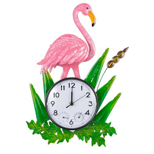 Outdoor Clock with Thermometer & Humidity | Silent None-Ticking, Outdoor Wall Clock Waterproof, Outside Clock for Patio, Living Room, Kitchen, Pink Flamingo