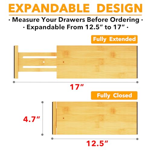 SpaceAid Bamboo Dresser Drawer Dividers 6 Pack, 4.65“ High Adjustable 12.5“-17” Drawer Organizers, Expandable Organization for Clothing, Clothes, Dressers, Natural