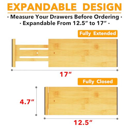 SpaceAid Bamboo Dresser Drawer Dividers 6 Pack, 4.65“ High Adjustable 12.5“-17” Drawer Organizers, Expandable Organization for Clothing, Clothes, Dressers, Natural