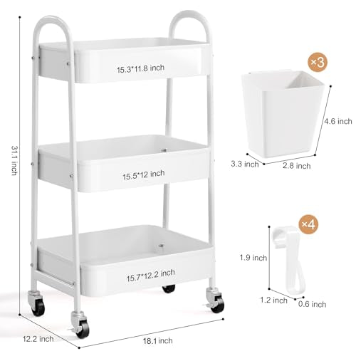 3 Tier Heavy Duty White Metal Rolling Cart with Lockable Wheels, Three Tiered Roller Book Snack Cart, Utility Storage Organizer Shelf Carts for Bathroom, Baby Diaper Caddy, Craft, Art,Cleaning,Teacher