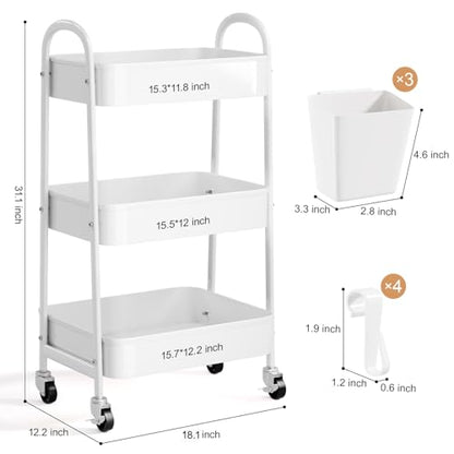 3 Tier Heavy Duty White Metal Rolling Cart with Lockable Wheels, Three Tiered Roller Book Snack Cart, Utility Storage Organizer Shelf Carts for Bathroom, Baby Diaper Caddy, Craft, Art,Cleaning,Teacher