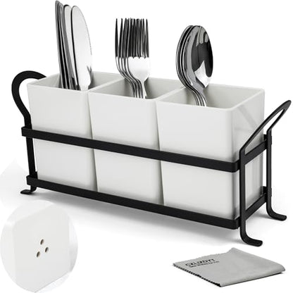 Czlizdyt Cutlery Holder with Drain Holes, Silverware Caddy for Party Countertop, 3pcs Bins Set Utensil Holders for Spoon and Fork, White