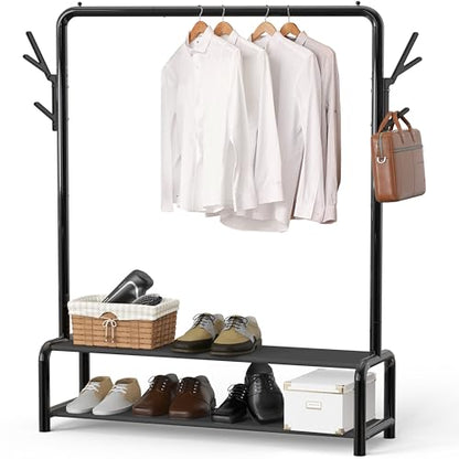 Simple Houseware 52" W Freestanding Closet Garment Rack with Shelves, Black | With 600D Fabric Shelves, Hanger Stoppers, and Hooks for Coat & Hat