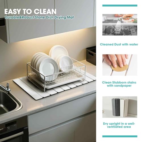 Dish Drying Mat Stone Bath Mat Diatomaceous Earth Stone Drying Mat For Kitchen Counter Sink Bath Mat Quick Dry Non Slip Foldable Dish Drying Rack Mat Large(24"×16" White)