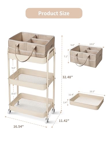 Baby Diaper Caddy, 3 Tier Rolling Storage Cart for Baby Essentials, Diaper Cart with Detachable Dividers, Storage & Baby Bottle Organizer, Nursery Dresser for Bedroom, Living Room (Taupe)