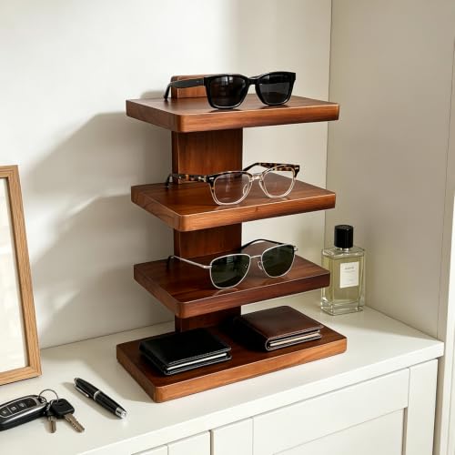 Wooden Eyeglass Organizer, 4-Tier Sunglasses Display Stand for Men | Desktop Glasses Holder with Storage Base, Modern Eyewear Organizer for Dresser, Nightstand & Office