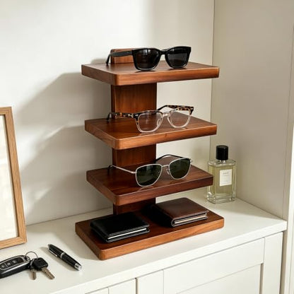 Wooden Eyeglass Organizer, 4-Tier Sunglasses Display Stand for Men | Desktop Glasses Holder with Storage Base, Modern Eyewear Organizer for Dresser, Nightstand & Office