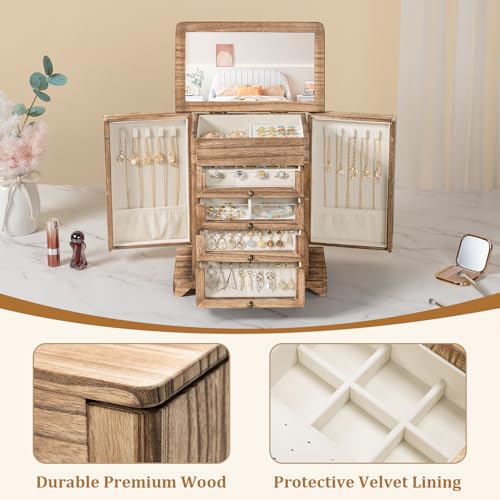 Large Jewelry Box & Organizer for Women, Wooden Jewelry Storage with 4 Transparent Drawers, Holds Necklaces, Rings, Bracelets, Earrings and Watches(Brown)