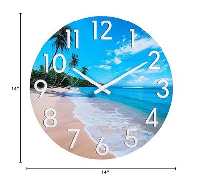 JoFomp Beach Outdoor Clocks for Patio, Large Outdoor Clocks Waterproof 14 Inch with Glass, Outdoor Wall Clocks Battery Operated, Pool Clock Outdoor Weatherproof, Outside Clock for Backyard/Garden