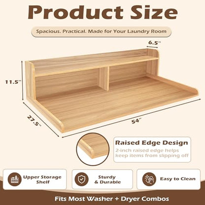 Royxen Laundry Countertop with 2-Tier Shelf Universal Fit, Washer and Dryer Countertop with Storage Space, Shelf Height 11.5 Inches, Solid Wood Core, Oak