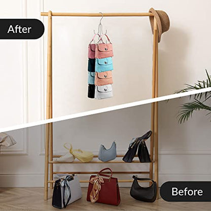 2 Pack Purse Organizer for Closet, Rotatable Purse Hanger Bag Holder, Max 16 Storage Capacity Backpack Rack, Metal Space Saving Hanger, Silver