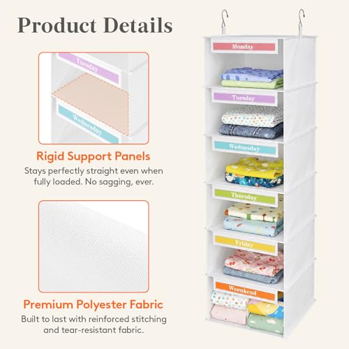 Lifewit 6 Shelf Weekly Hanging Clothes Storage Organizer for Kids, White | Closet Storage with Color Labels for School Outfits, Daily Clothing Divider with Days of The Week Monday to Friday Weekend